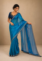 Ocean Blue Metallic Satin Festive Saree with Navy Blue Velvet Embroidered Blouse