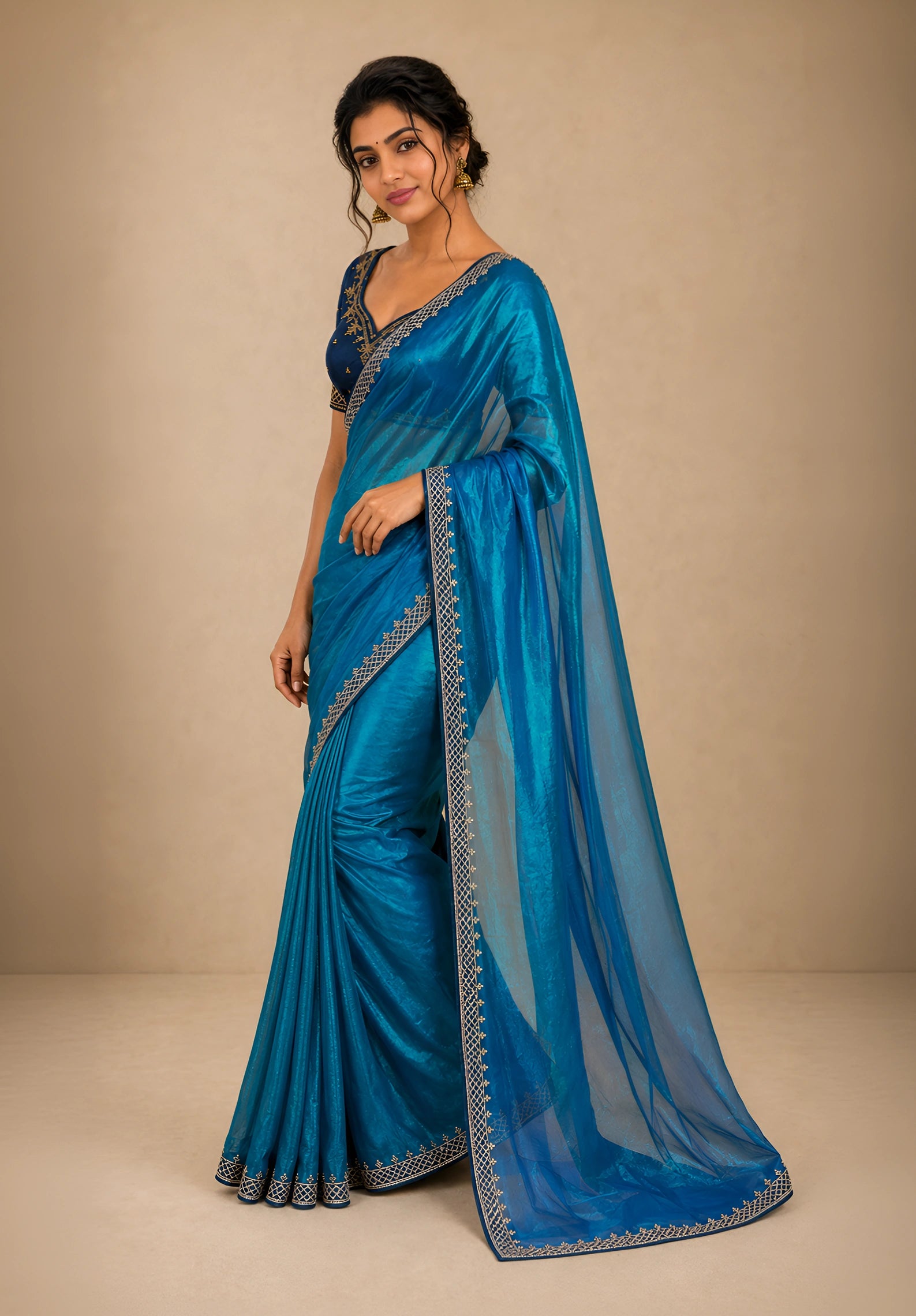 Ocean Blue Metallic Satin Festive Saree with Navy Blue Velvet Embroidered Blouse