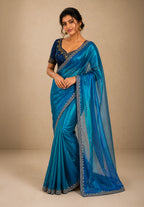 Ocean Blue Metallic Satin Festive Saree with Navy Blue Velvet Embroidered Blouse