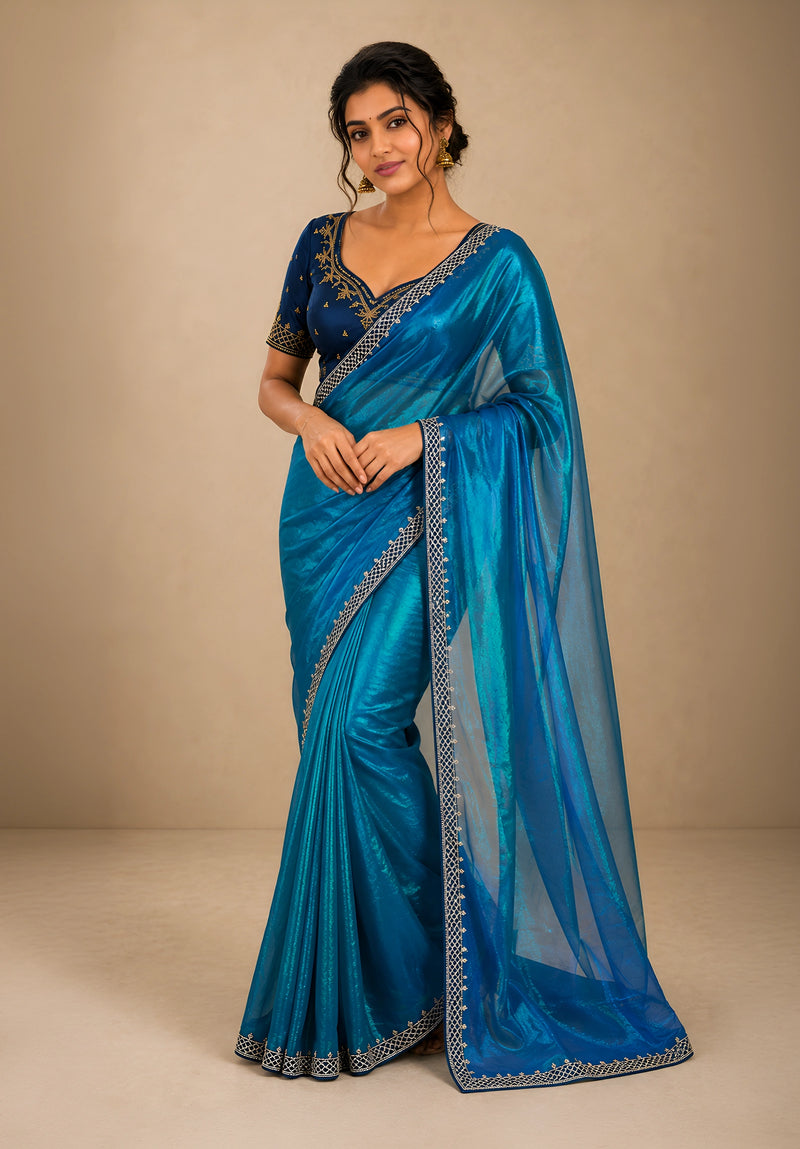 Ocean Blue Metallic Satin Festive Saree with Navy Blue Velvet Embroidered Blouse