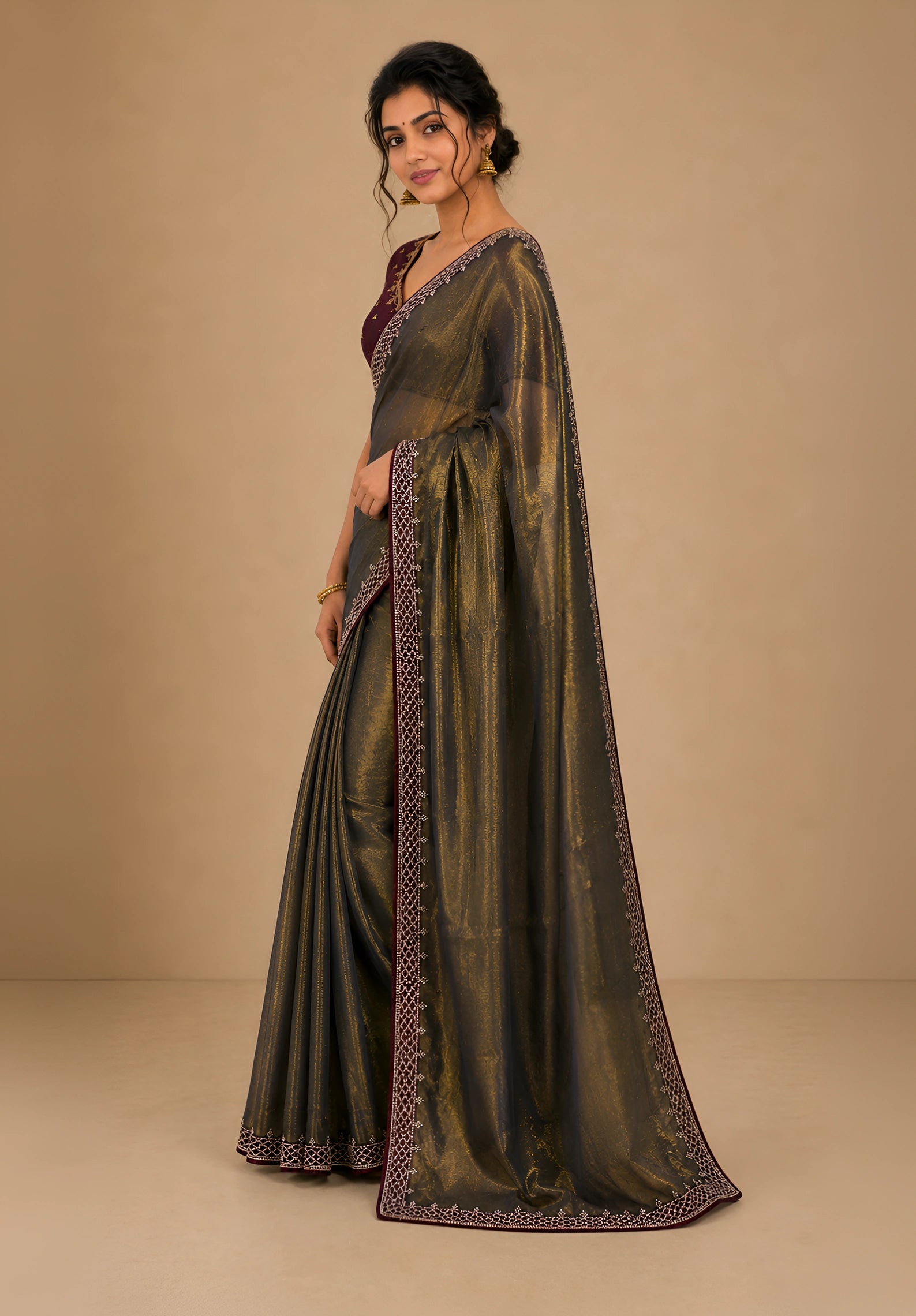 Bronze Gold Metallic Satin Festive Saree with Purple Velvet Embroidered Blouse