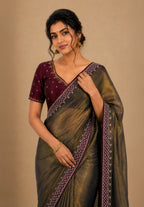 Bronze Gold Metallic Satin Festive Saree with Purple Velvet Embroidered Blouse