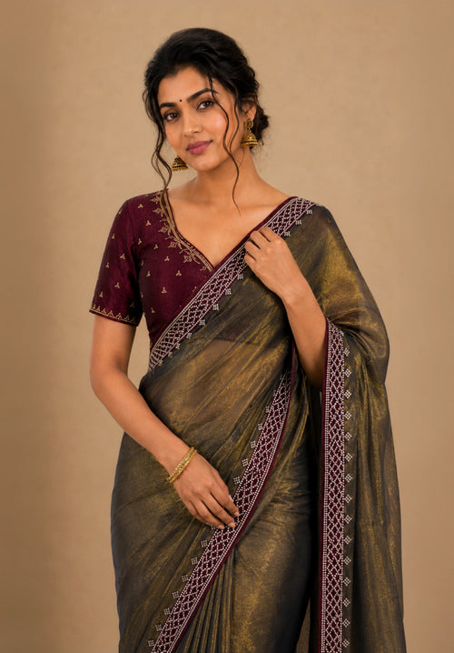 Bronze Gold Metallic Satin Festive Saree with Purple Velvet Embroidered Blouse