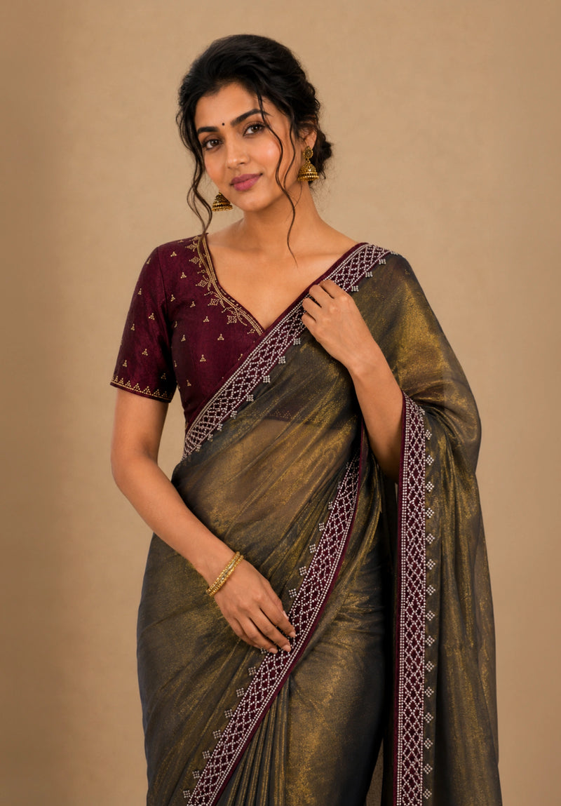 Bronze Gold Metallic Satin Festive Saree with Purple Velvet Embroidered Blouse