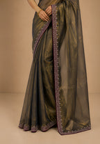 Bronze Gold Metallic Satin Festive Saree with Purple Velvet Embroidered Blouse