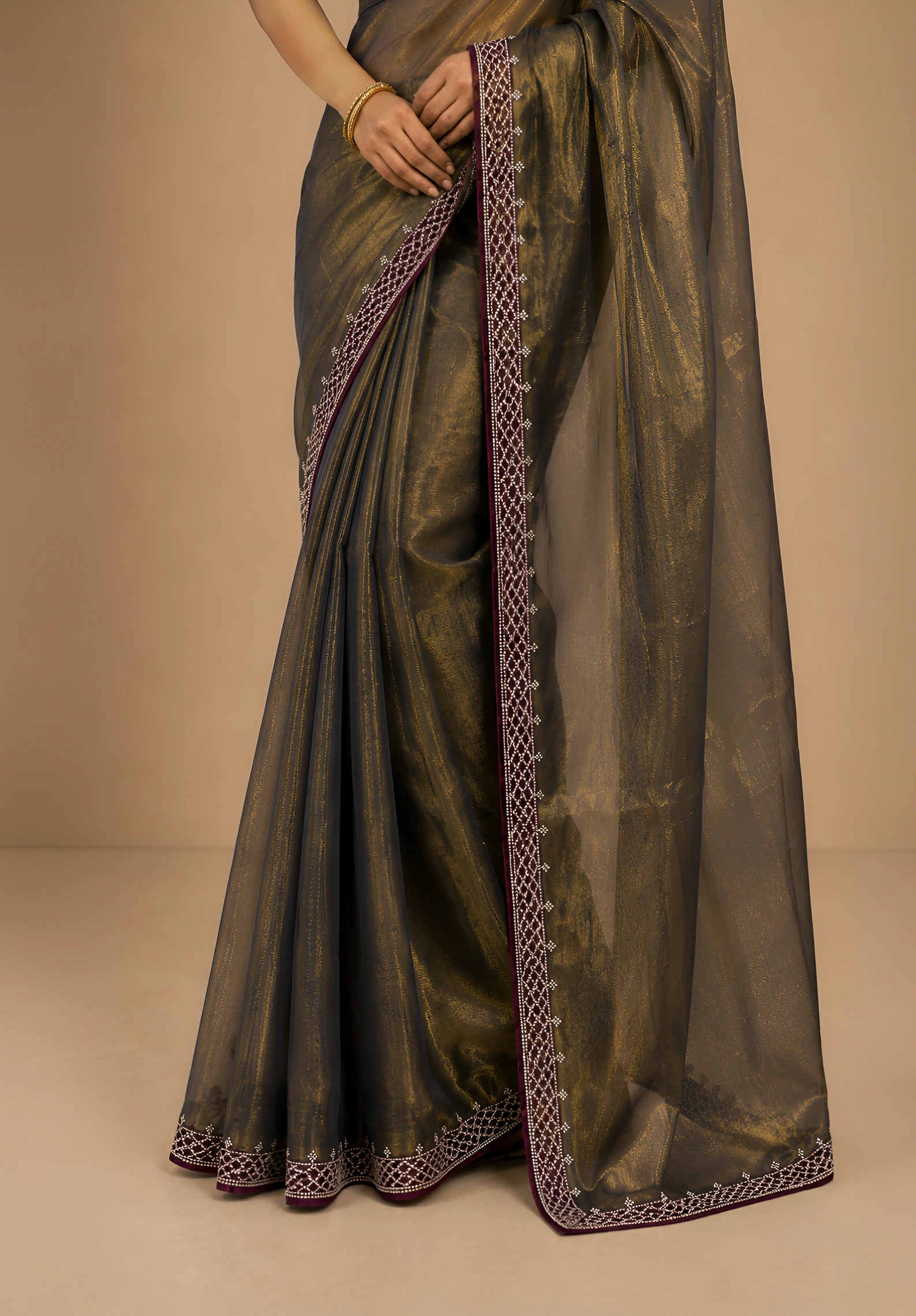 Bronze Gold Metallic Satin Festive Saree with Purple Velvet Embroidered Blouse