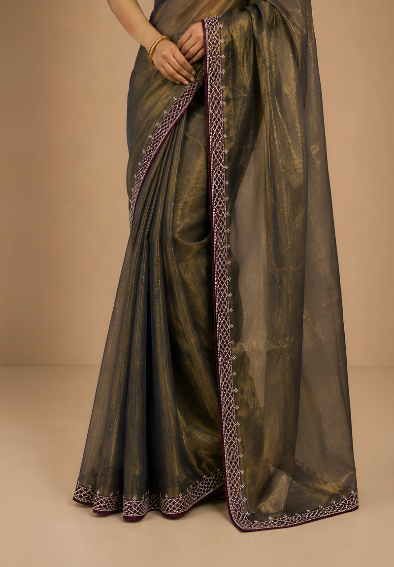 Bronze Gold Metallic Satin Festive Saree with Purple Velvet Embroidered Blouse