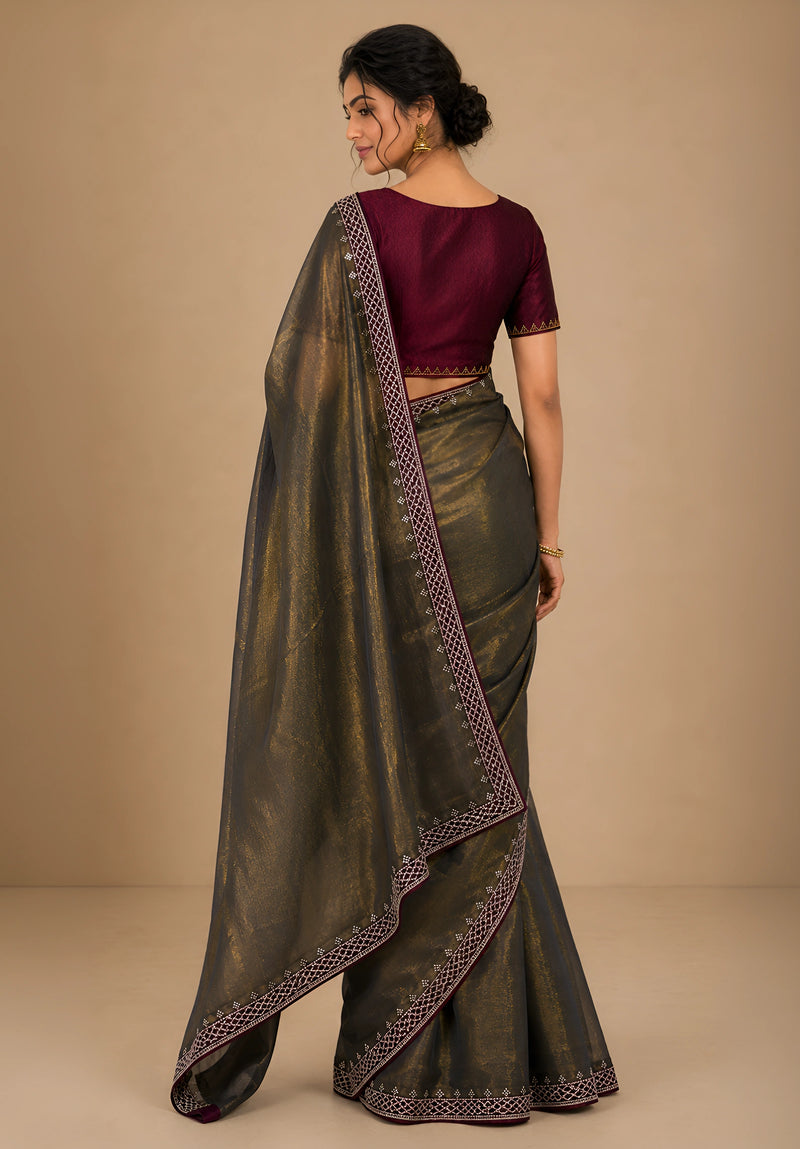 Bronze Gold Metallic Satin Festive Saree with Purple Velvet Embroidered Blouse