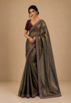 Bronze Gold Metallic Satin Festive Saree with Purple Velvet Embroidered Blouse