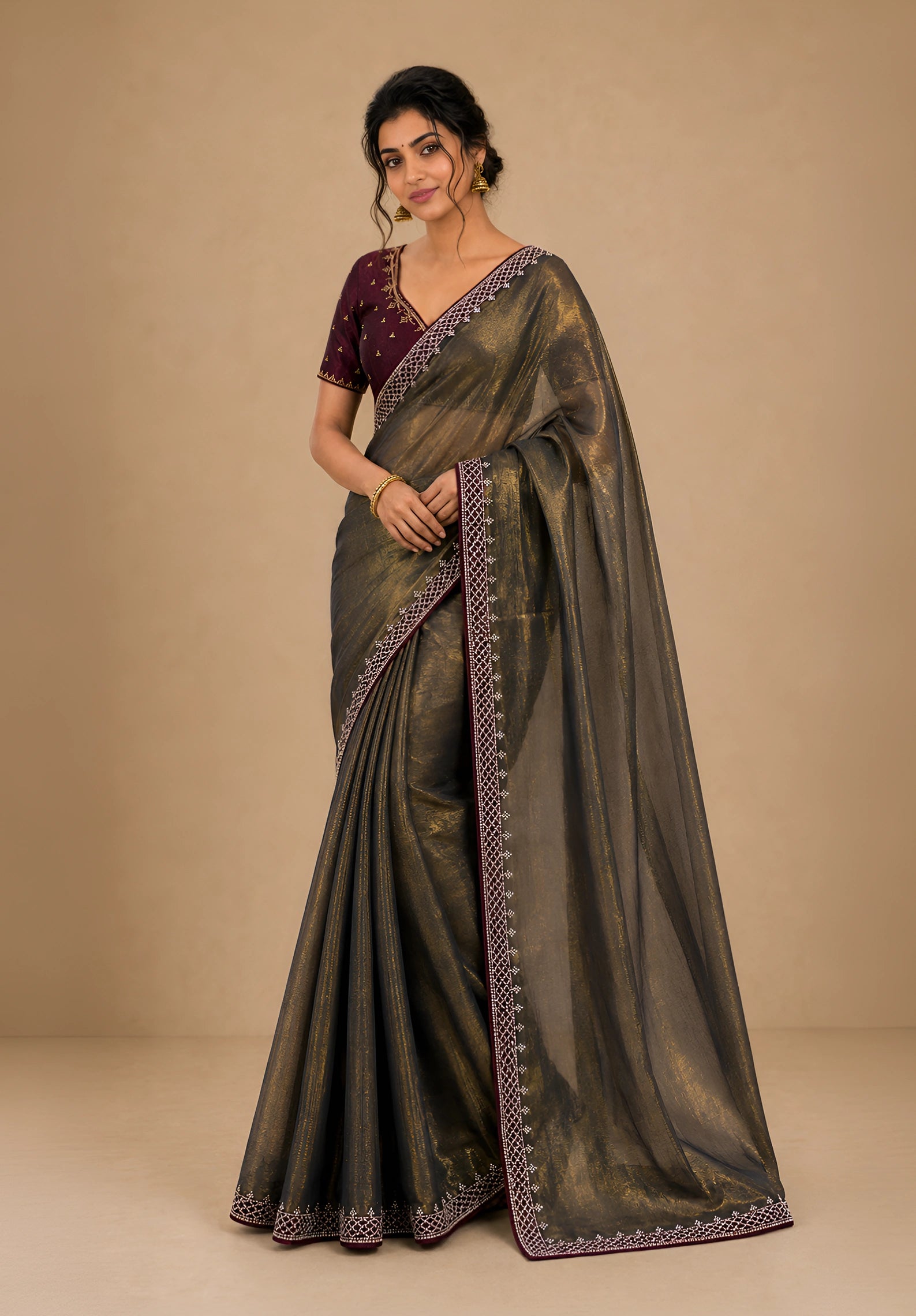 Bronze Gold Metallic Satin Festive Saree with Purple Velvet Embroidered Blouse