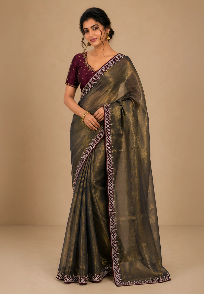 Bronze Gold Metallic Satin Festive Saree with Purple Velvet Embroidered Blouse