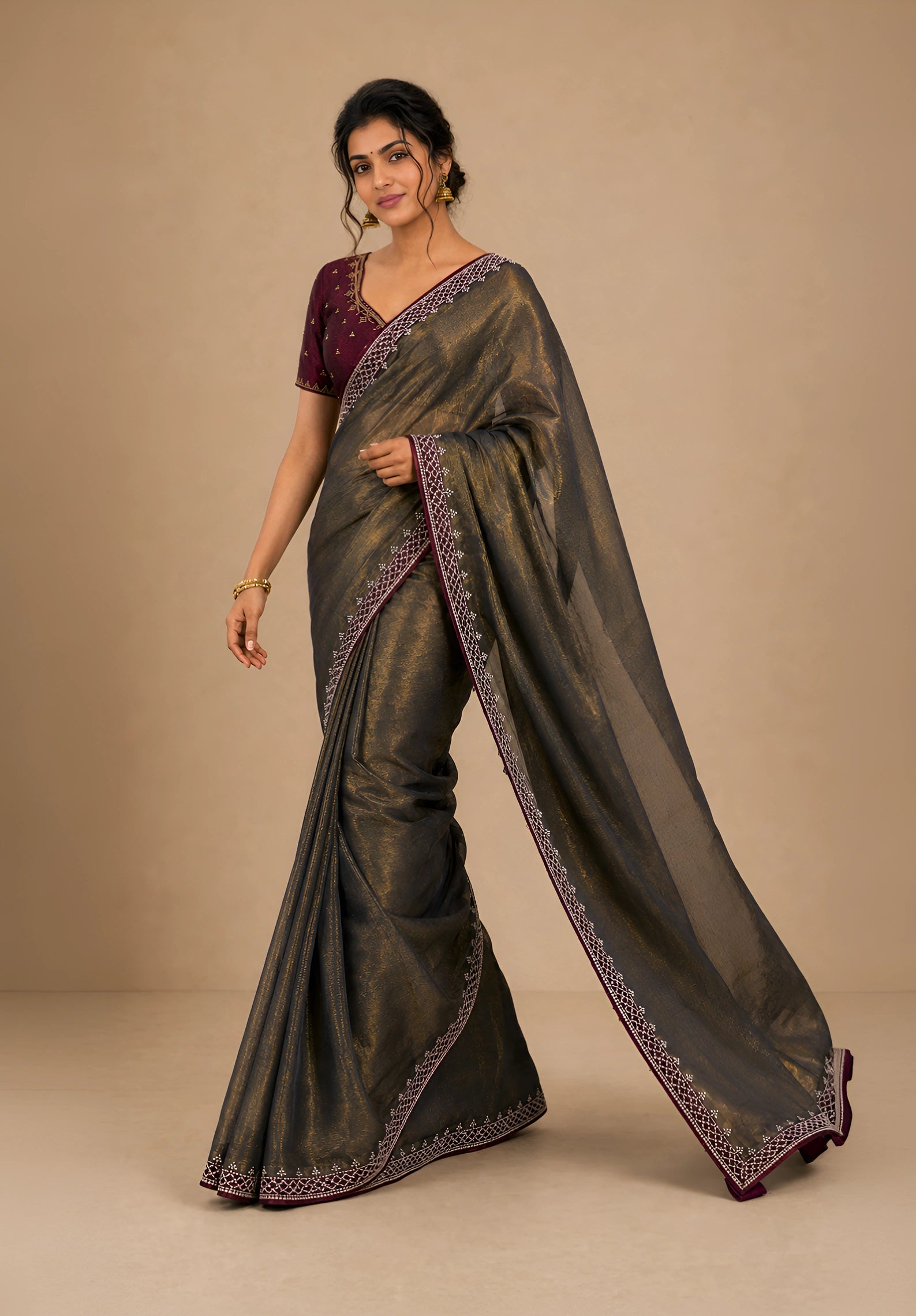 Bronze Gold Metallic Satin Festive Saree with Purple Velvet Embroidered Blouse