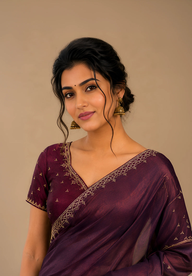 Deep Wine Metallic Satin Festive Saree with Matching Velvet Embroidered Blouse