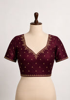 Deep Wine Metallic Satin Festive Saree with Matching Velvet Embroidered Blouse