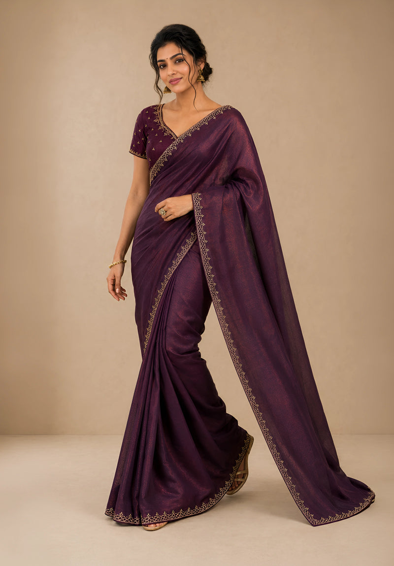 Deep Wine Metallic Satin Festive Saree with Matching Velvet Embroidered Blouse
