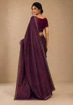 Deep Wine Metallic Satin Festive Saree with Matching Velvet Embroidered Blouse