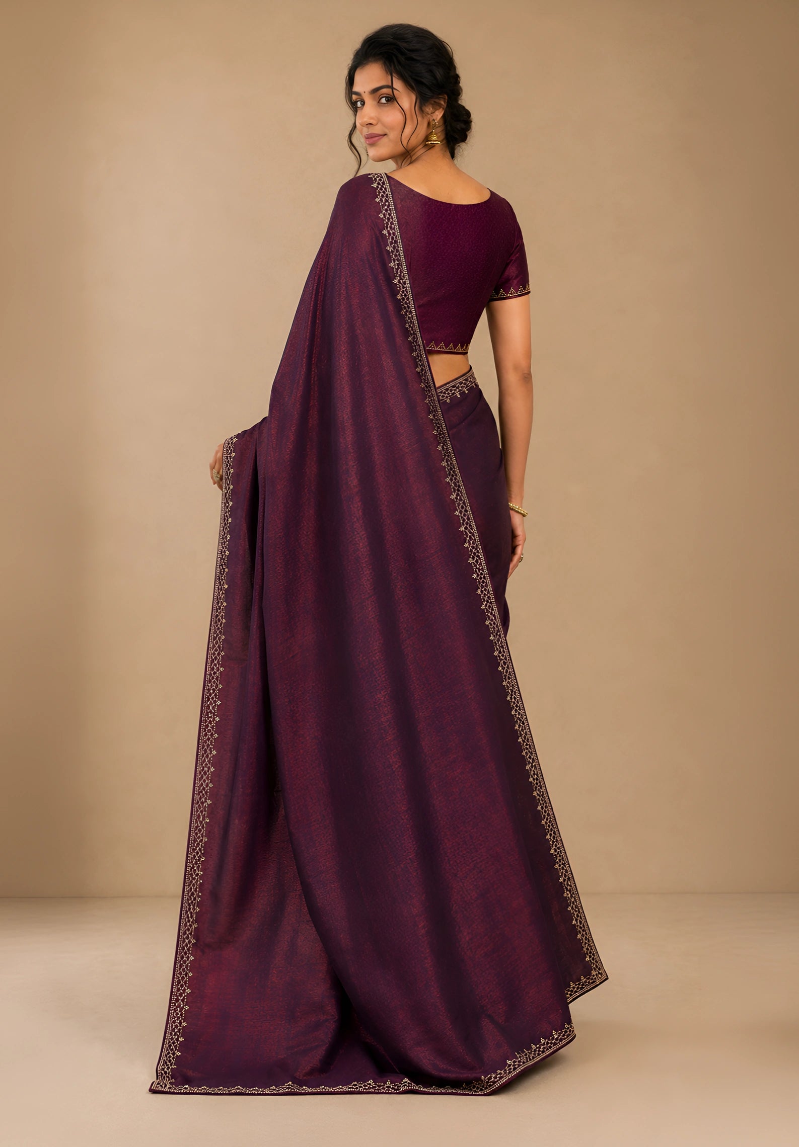 Deep Wine Metallic Satin Festive Saree with Matching Velvet Embroidered Blouse