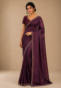 Deep Wine Metallic Satin Festive Saree with Matching Velvet Embroidered Blouse