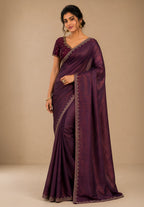 Deep Wine Metallic Satin Festive Saree with Matching Velvet Embroidered Blouse