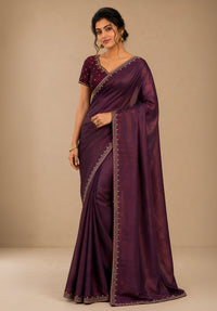 Deep Wine Metallic Satin Festive Saree with Matching Velvet Embroidered Blouse