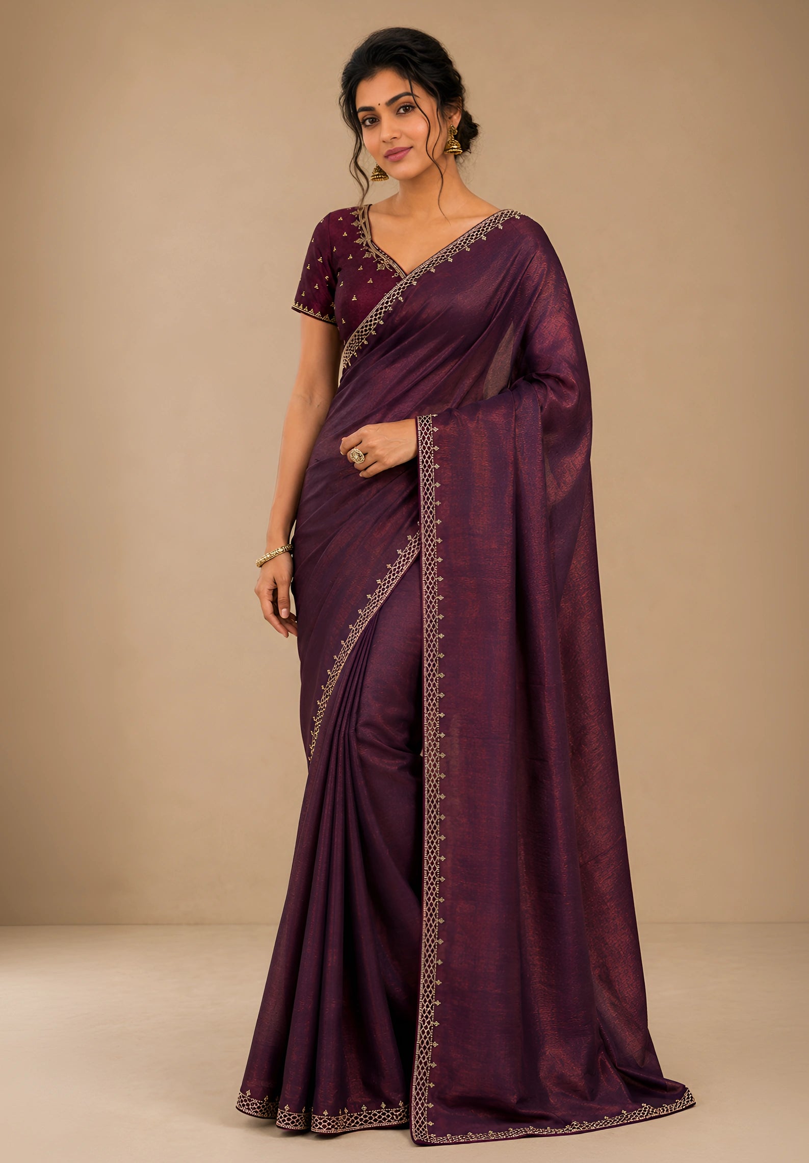 Deep Wine Metallic Satin Festive Saree with Matching Velvet Embroidered Blouse