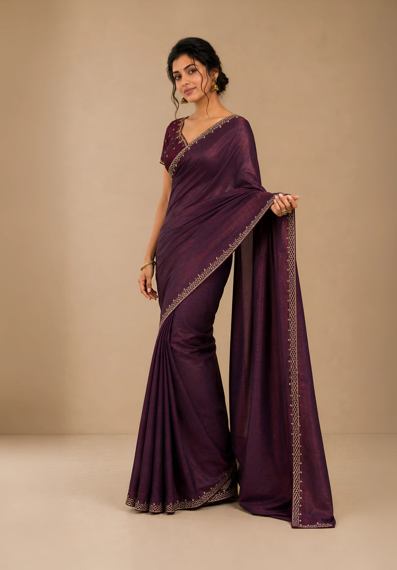 Deep Wine Metallic Satin Festive Saree with Matching Velvet Embroidered Blouse