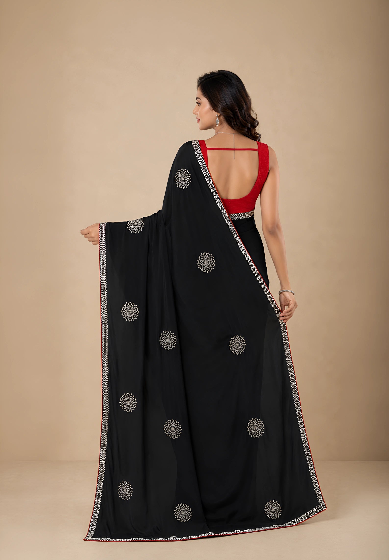 Jet Black Georgette Evening Saree with Contrast Embroidered Blouse