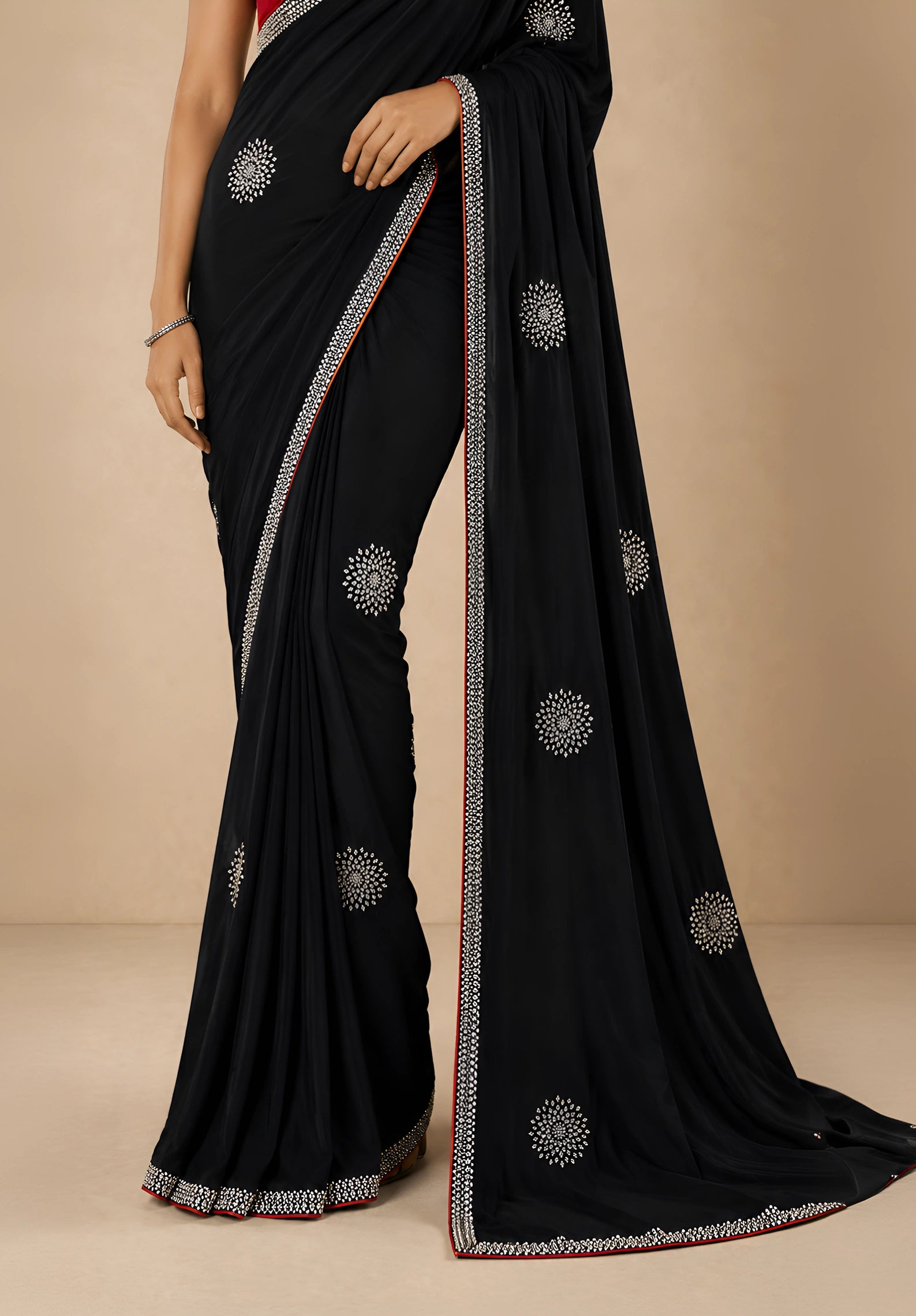 Jet Black Georgette Evening Saree with Contrast Embroidered Blouse