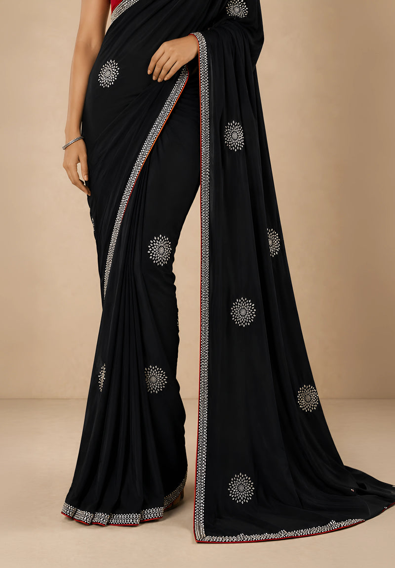Jet Black Georgette Evening Saree with Contrast Embroidered Blouse