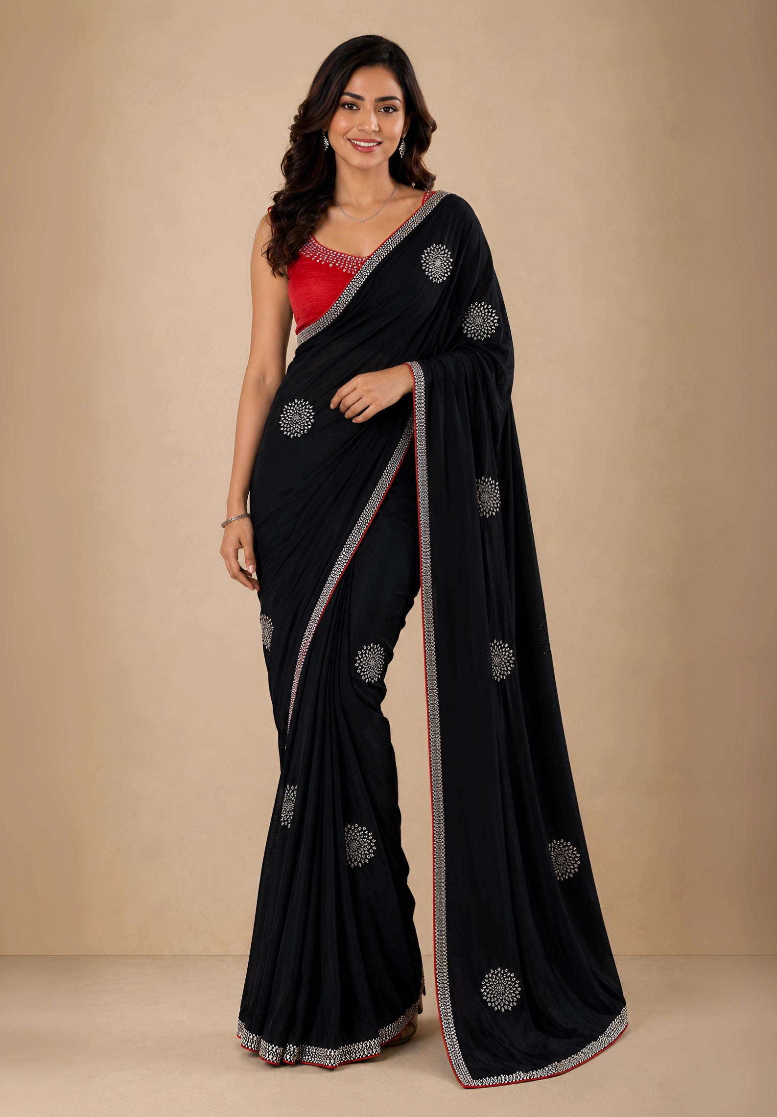 Jet Black Georgette Evening Saree with Contrast Embroidered Blouse