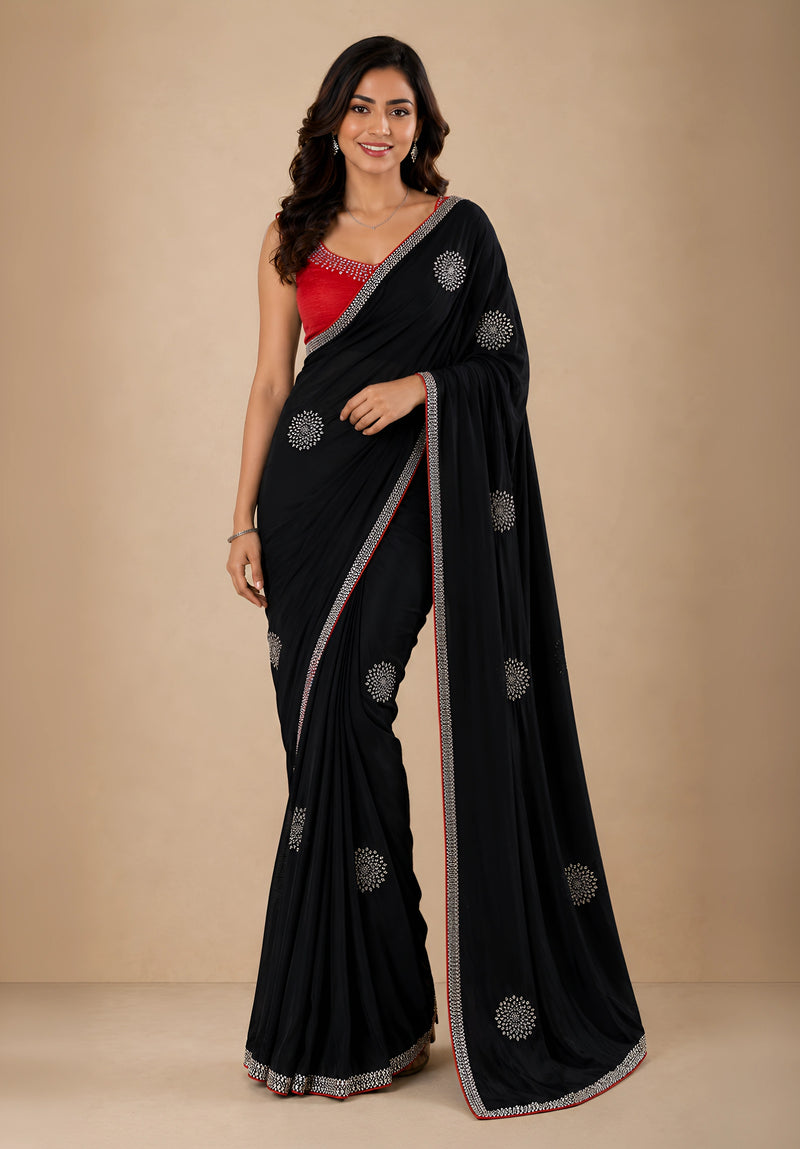 Jet Black Georgette Evening Saree with Contrast Embroidered Blouse