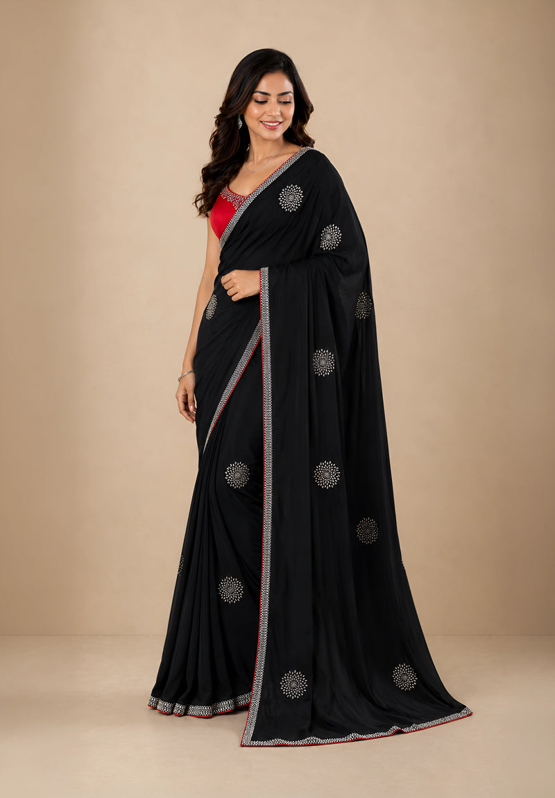 Jet Black Georgette Evening Saree with Contrast Embroidered Blouse