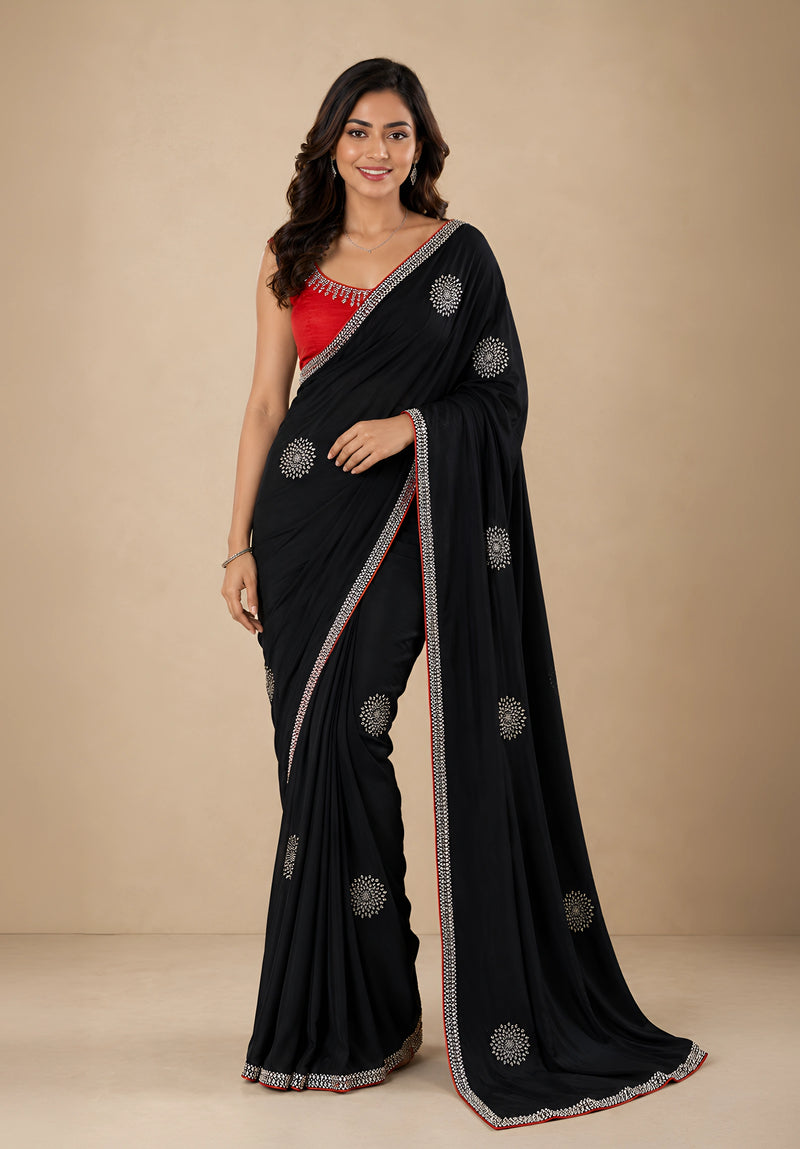 Jet Black Georgette Evening Saree with Contrast Embroidered Blouse