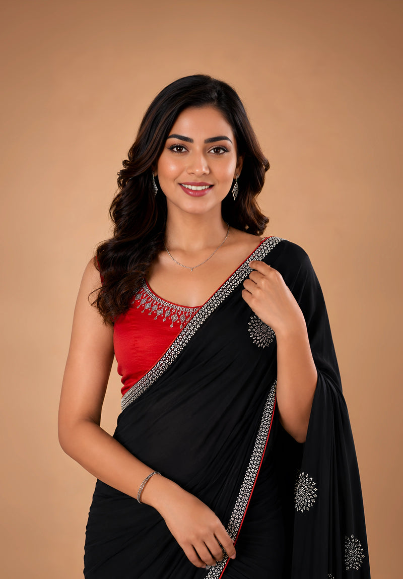 Jet Black Georgette Evening Saree with Contrast Embroidered Blouse