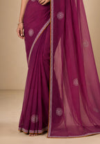 Wine Purple Georgette Festive Saree with Contrast Embroidered Blouse