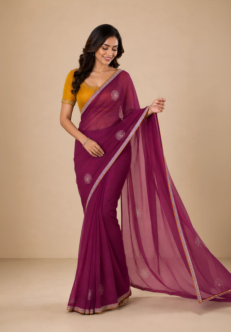 Wine Purple Georgette Festive Saree with Contrast Embroidered Blouse