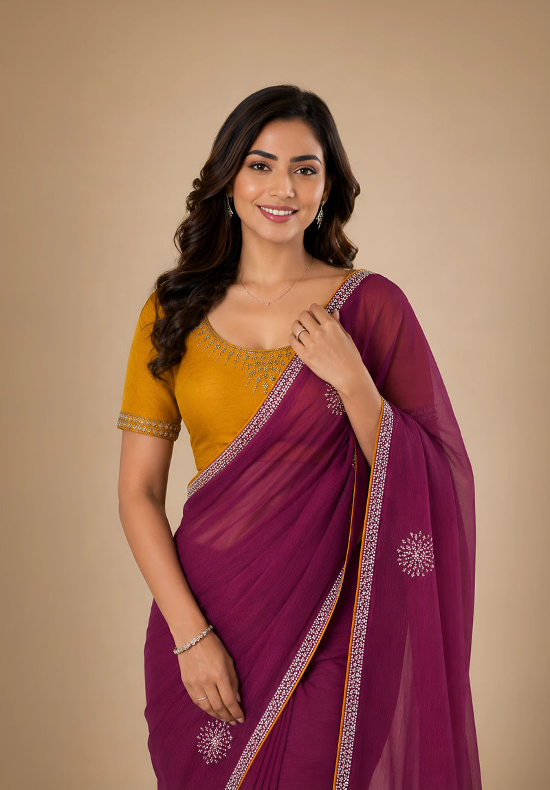 Wine Purple Georgette Festive Saree with Contrast Embroidered Blouse