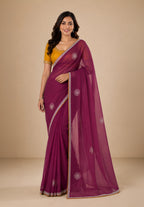 Wine Purple Georgette Festive Saree with Contrast Embroidered Blouse