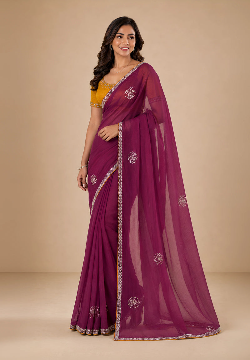 Wine Purple Georgette Festive Saree with Contrast Embroidered Blouse