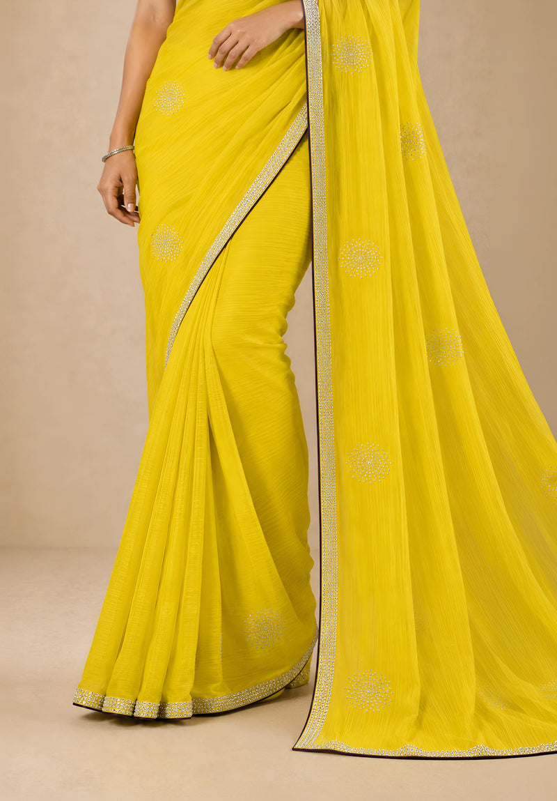 Bright Yellow Georgette Festive Saree with Contrast Embroidered Blouse