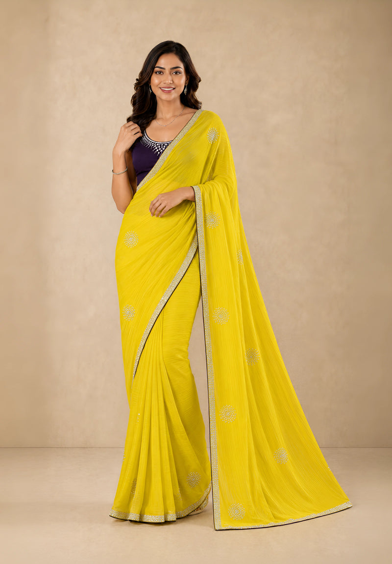 Bright Yellow Georgette Festive Saree with Contrast Embroidered Blouse