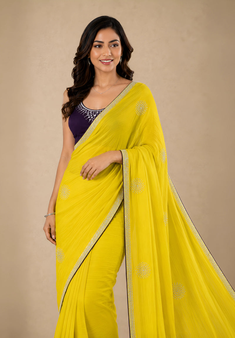 Bright Yellow Georgette Festive Saree with Contrast Embroidered Blouse