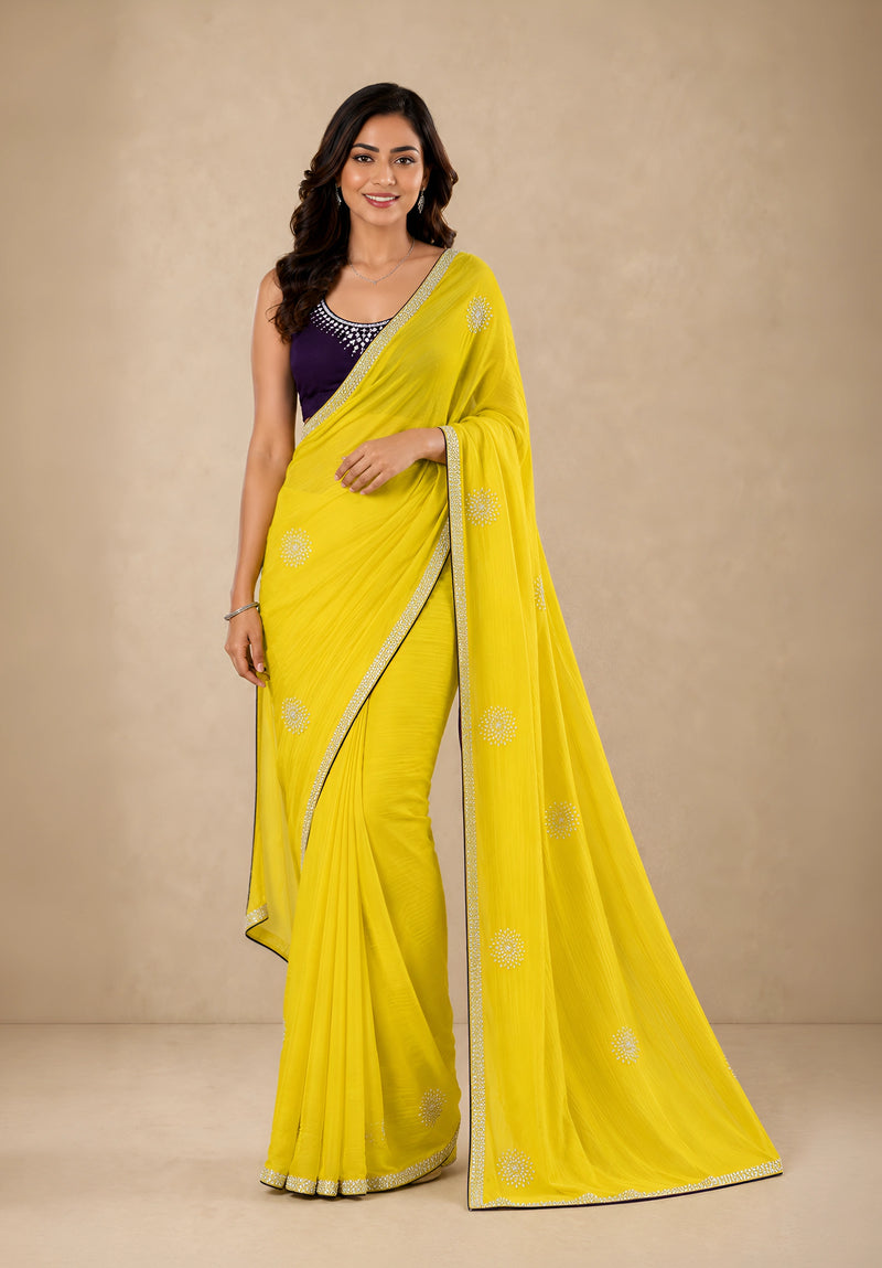Bright Yellow Georgette Festive Saree with Contrast Embroidered Blouse