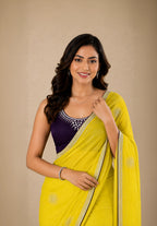 Bright Yellow Georgette Festive Saree with Contrast Embroidered Blouse