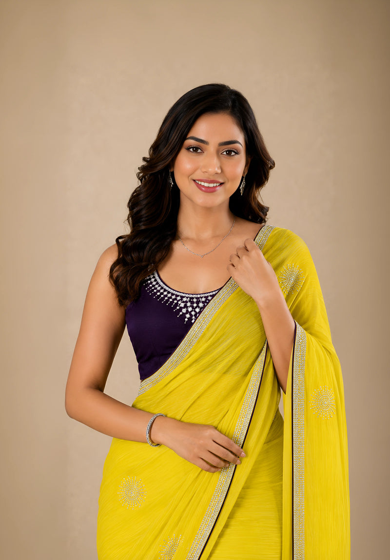 Bright Yellow Georgette Festive Saree with Contrast Embroidered Blouse